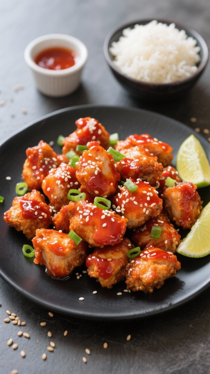 Final dish overhead: Spicy Sriracha Chicken Bites piled on a matte black plate, lacquered in a gloss