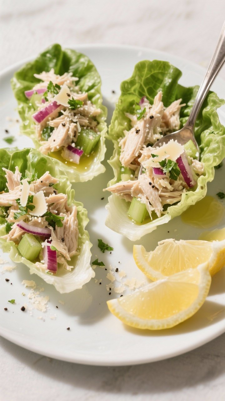 Final dish, overhead top view: Garlic Parmesan low-carb chicken salad spooned generously into crisp 