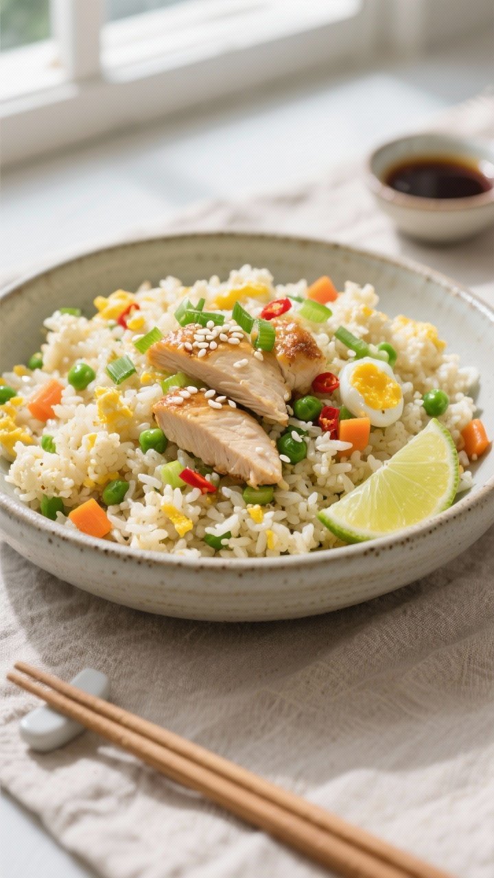 Final dish — plated low-carb chicken fried rice: Beautiful top-down hero shot of a wide, shallow c