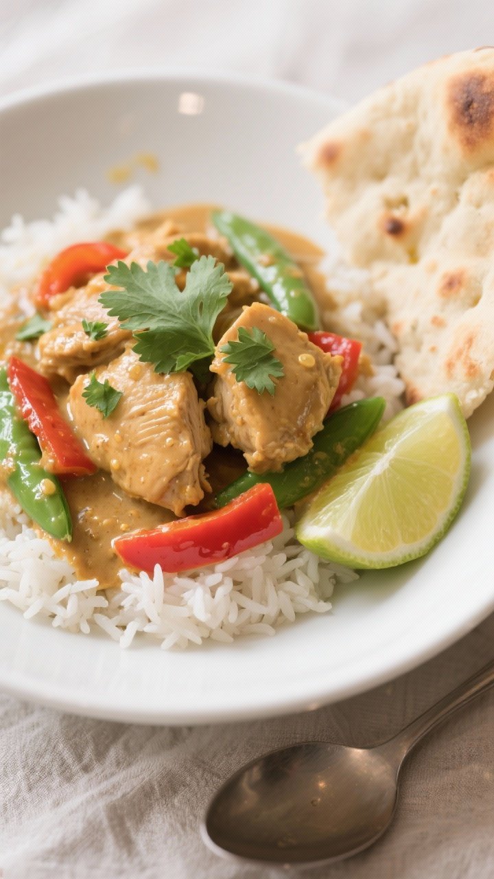 Final dish presentation: Beautifully plated Coconut Curry Chicken over fluffy jasmine rice in a shal