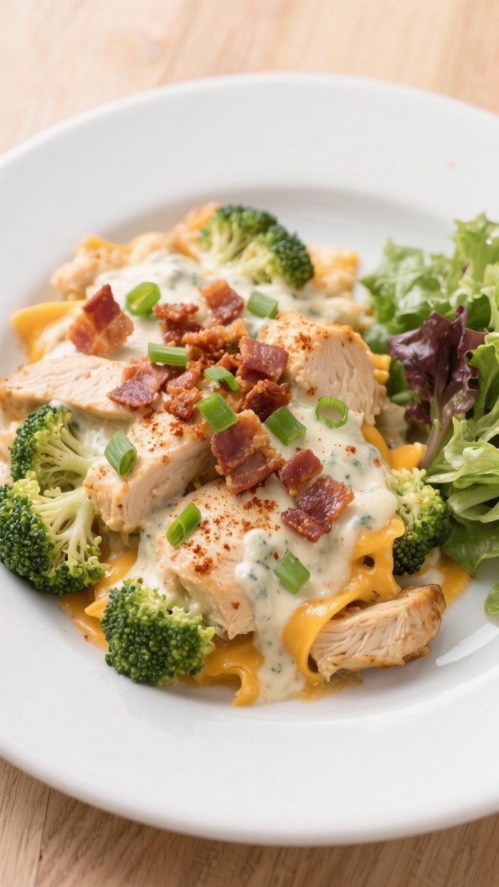 Final dish, tasty top view: Overhead shot of a plated serving of Keto Crack Chicken Casserole on a m