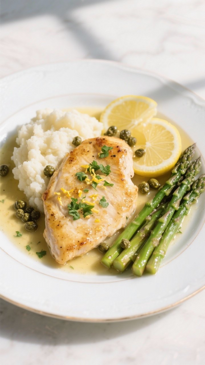 Final dish, tasty top view: Overhead shot of beautifully plated keto chicken piccata on a white rimm