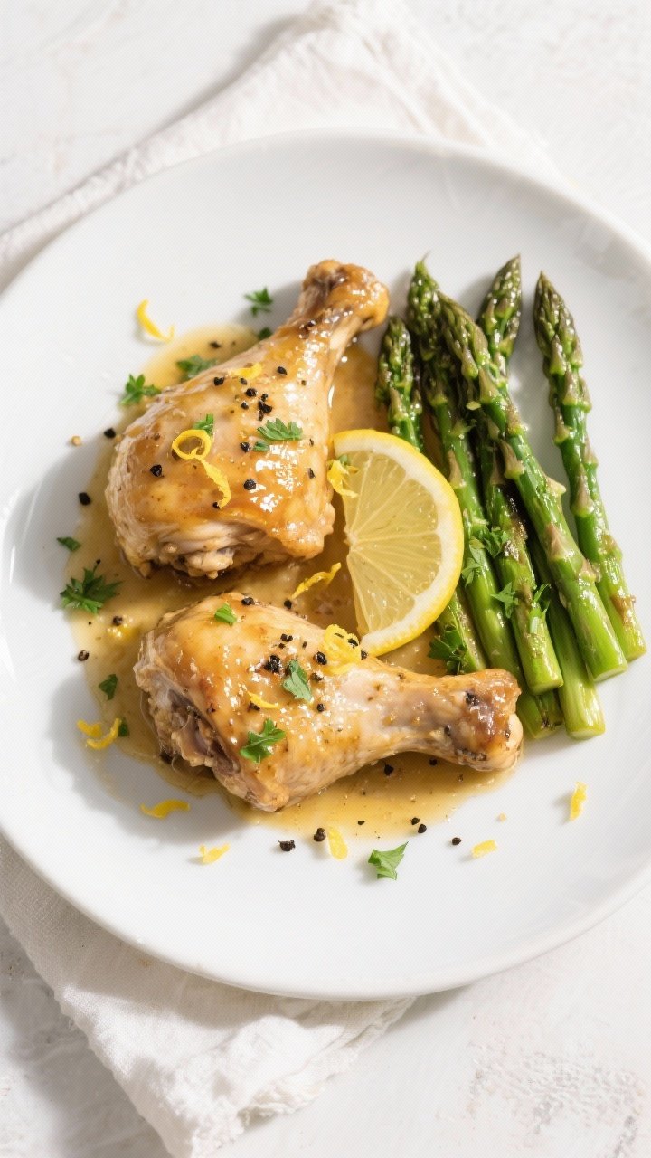 Final dish, tasty top view: Overhead shot of beautifully plated Keto Lemon Pepper Chicken on a matte