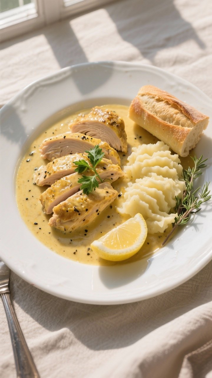 Final dish, tasty top view: Overhead shot of Creamy Dijon Chicken plated family-style—juicy sliced