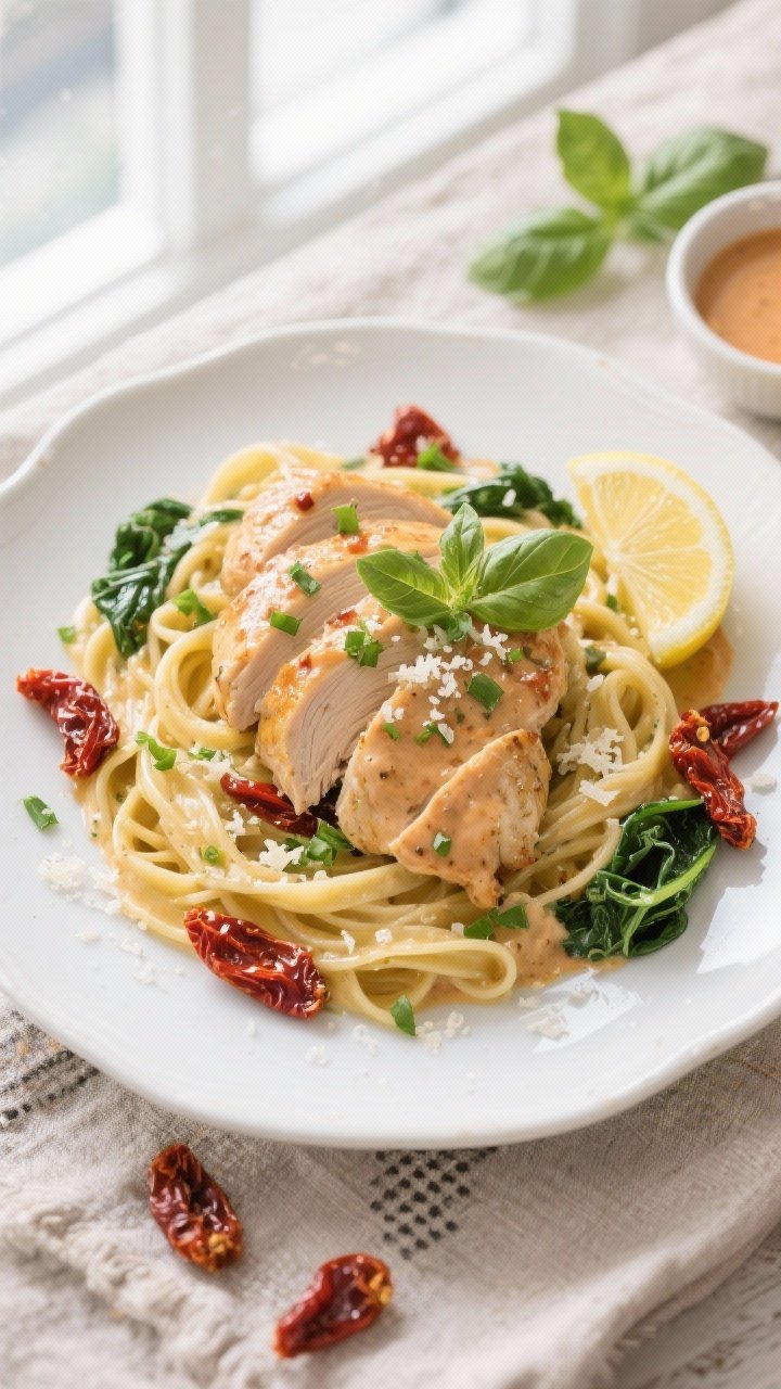 Final dish, tasty top view: Overhead shot of Creamy Sun-Dried Tomato Chicken plated over buttered fe