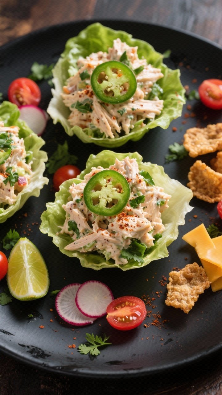 Final dish, tasty top view: Overhead shot of Creamy Taco Low Carb Chicken Salad served in crisp butt
