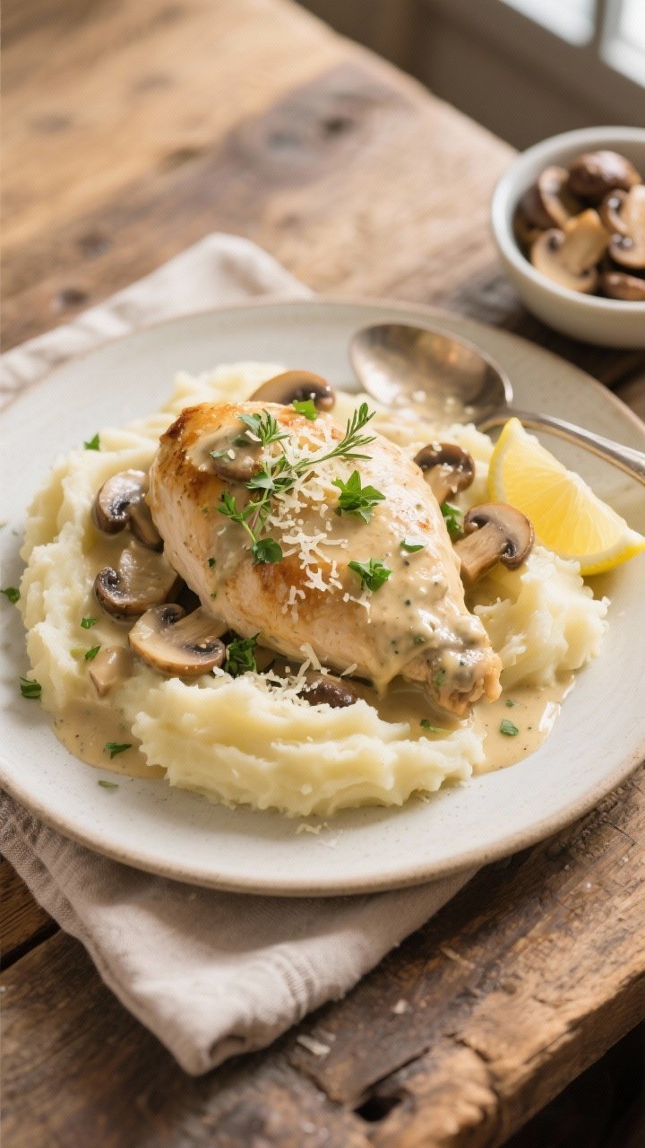 Final dish, tasty top view: Overhead shot of creamy garlic mushroom chicken plated over buttery mash