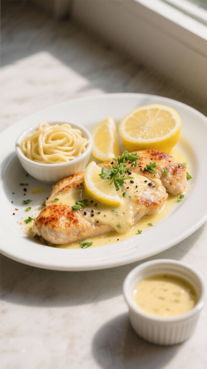 Final dish, tasty top view: Overhead shot of garlic butter chicken cutlets plated on a wide white ce