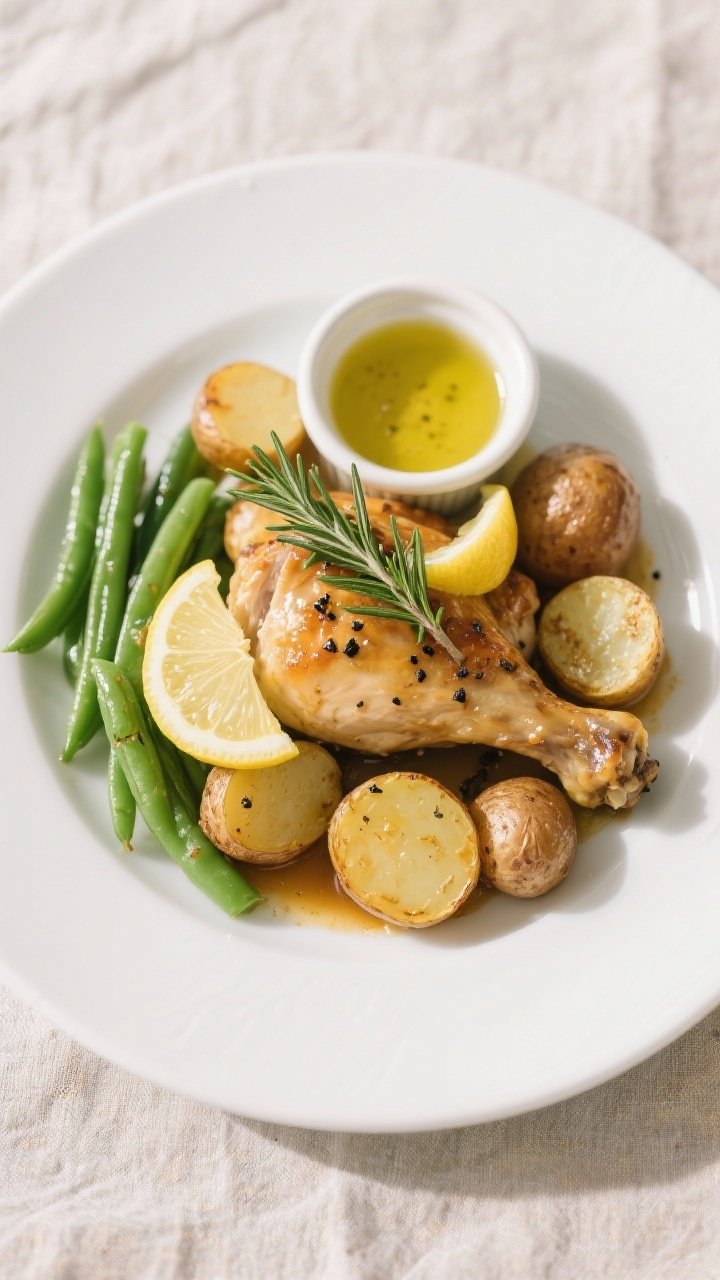 Final dish, tasty top view: Overhead shot of Lemon Rosemary Chicken plated with roasted baby potatoe