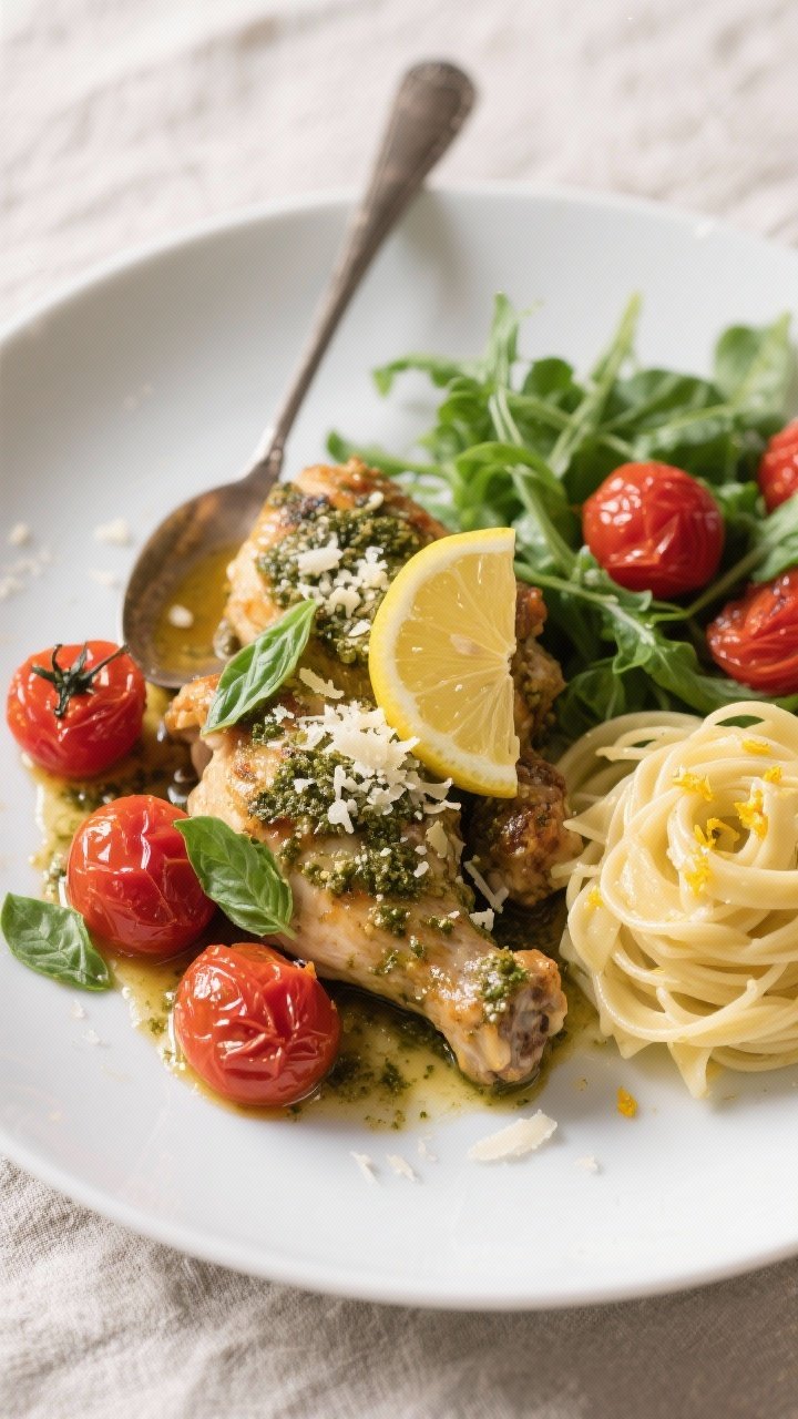 Final dish, tasty top view: Overhead shot of plated baked pesto chicken thighs on a matte white plat