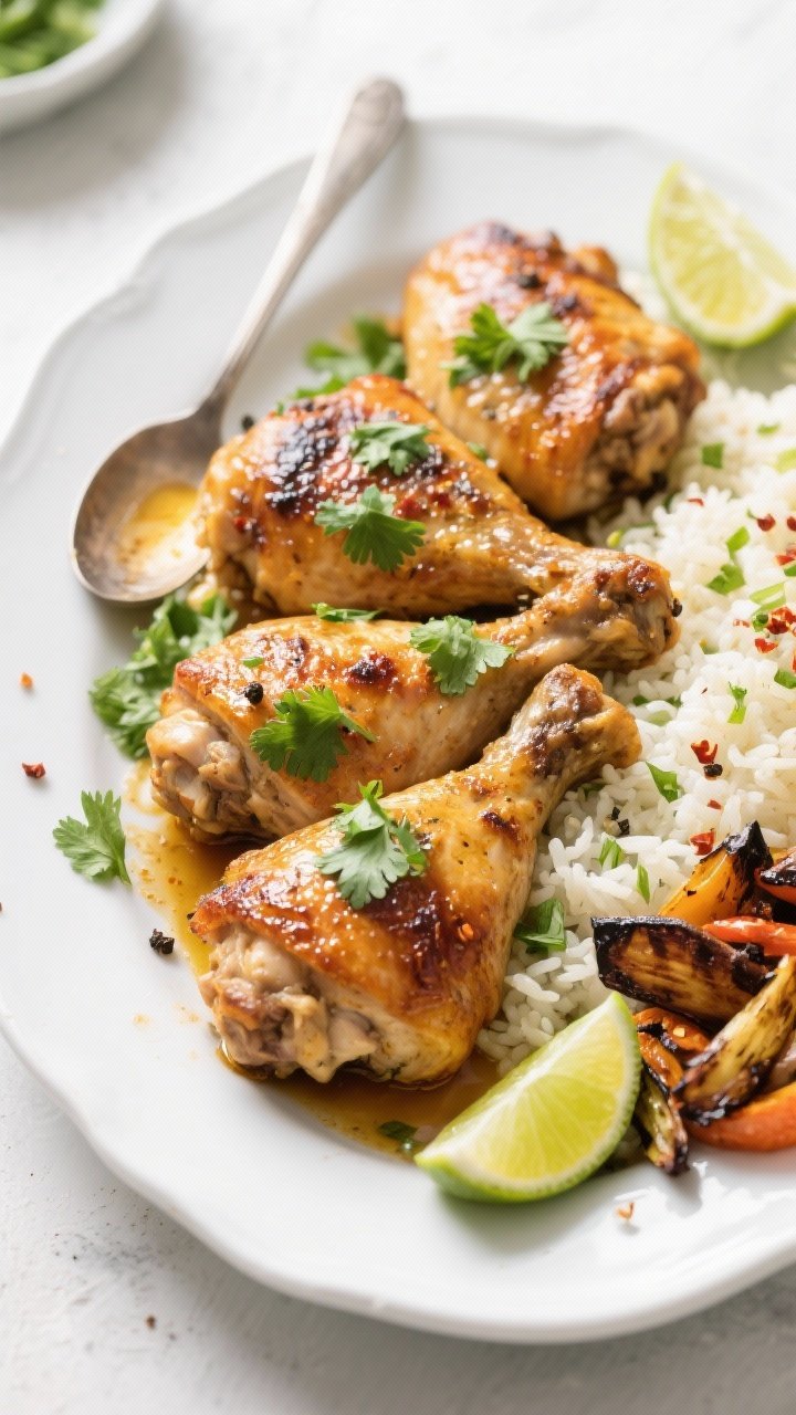 Final dish, tasty top view: Overhead shot of roasted garlic-lime chicken thighs arranged on a white 