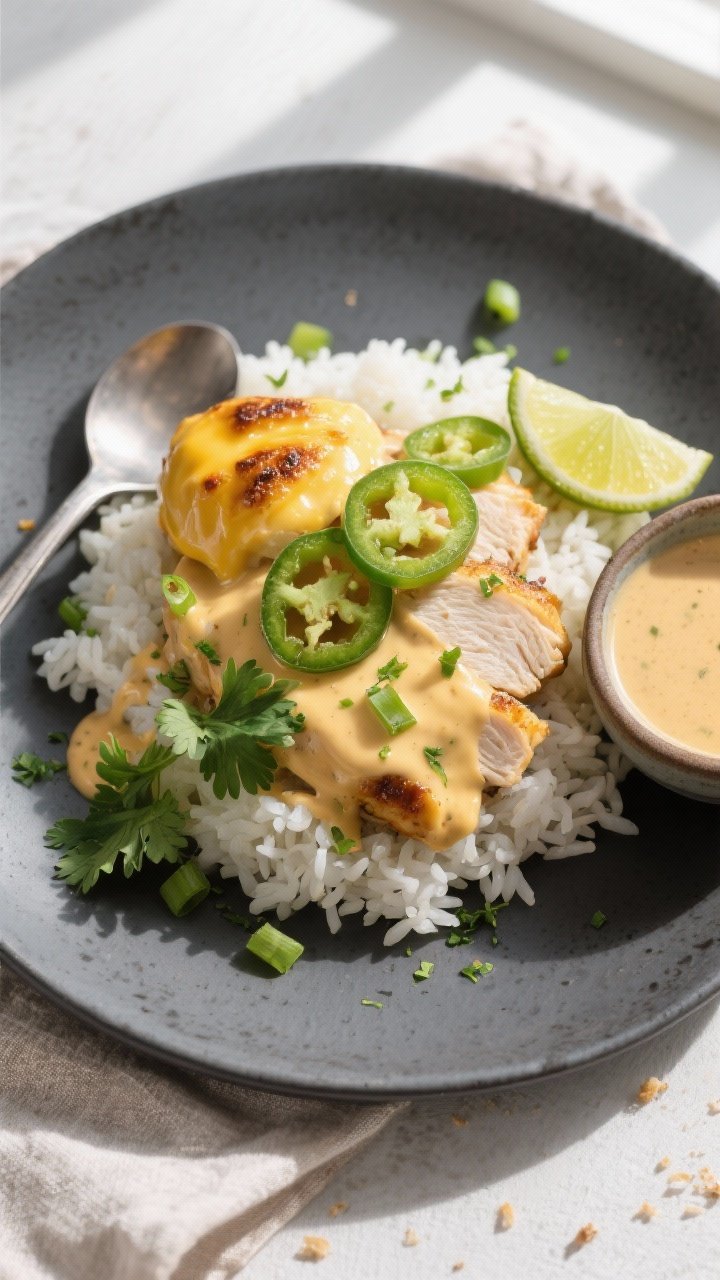 Final dish, tasty top view: Overhead shot of sliced Cheesy Jalapeño Chicken plated over fluffy whit