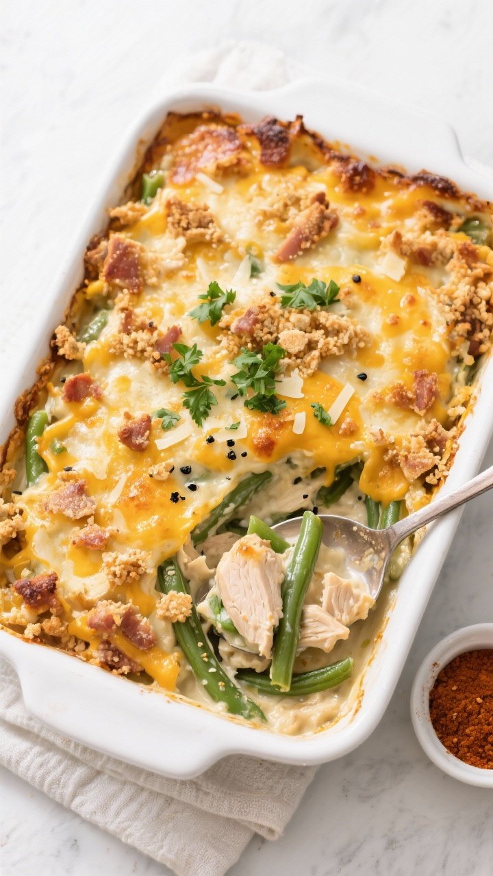 Final dish, tasty top view: Overhead shot of the baked Keto Chicken & Green Bean Casserole in a 9x13