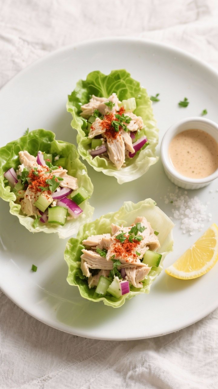 Final dish/top-down presentation: Overhead shot of Smoky Paprika Low Carb Chicken Salad tucked into 