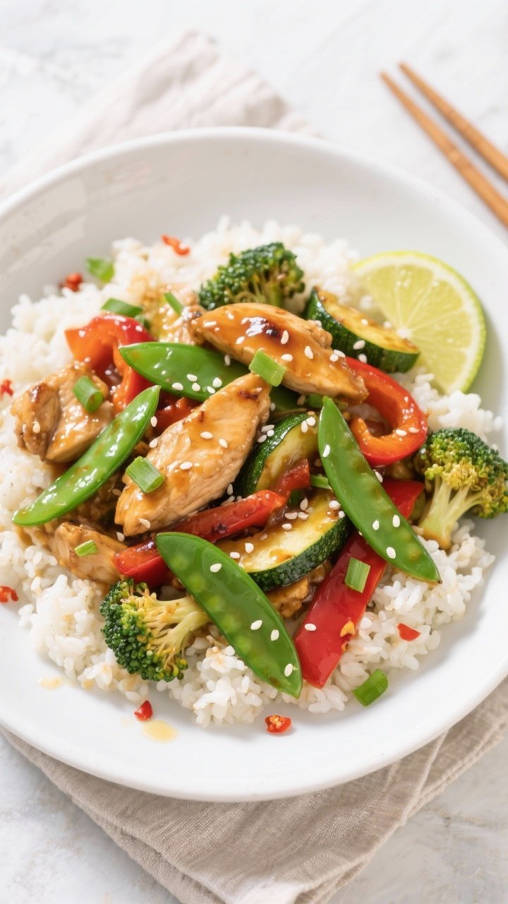 Final dish, top view: Overhead shot of Low Carb Chicken Stir Fry plated in a wide white shallow bowl