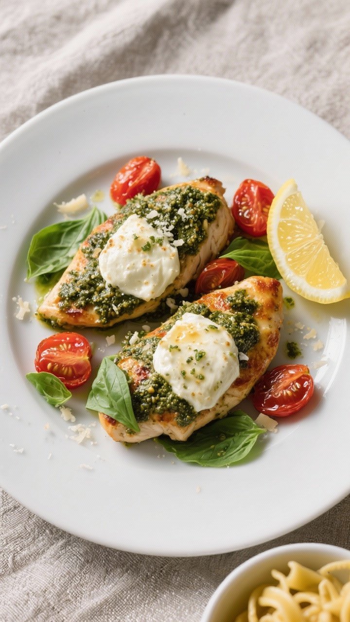 Final dish, top view: Overhead shot of Pesto Mozzarella Chicken plated restaurant-style—two pesto-