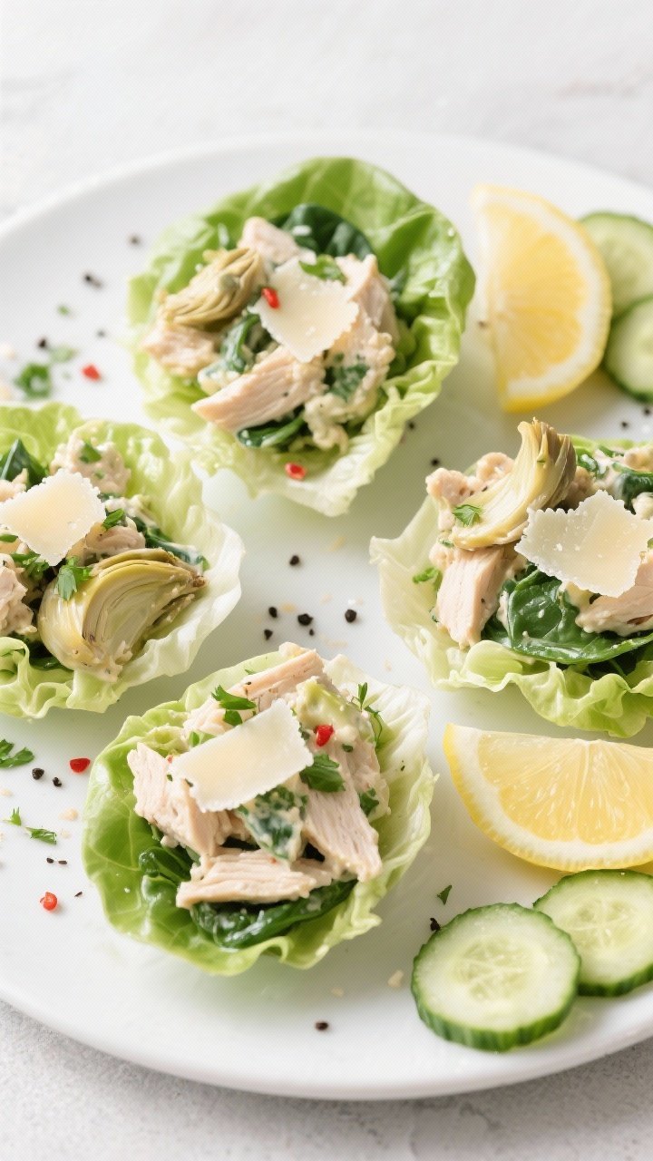 Final dish, top view: Overhead shot of the finished Spinach Artichoke Low Carb Chicken Salad scooped