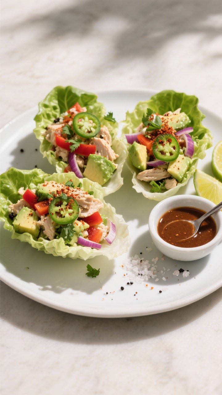 Final dish, top view: Overhead shot of the Southwest Chipotle Low Carb Chicken Salad served in crisp
