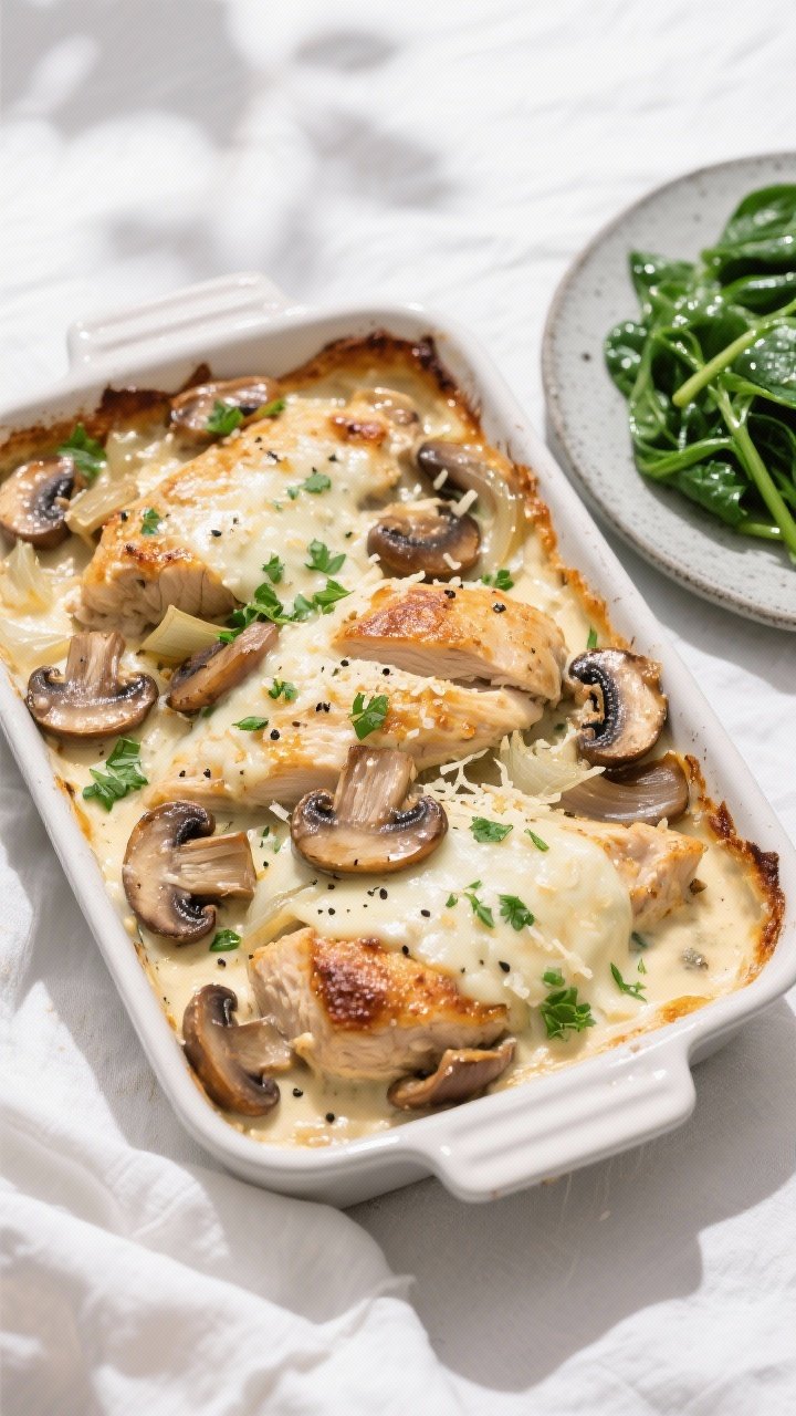 Final plated bake, overhead shot: Keto Chicken & Mushroom Bake in a 9x13 dish, creamy garlic sauce b