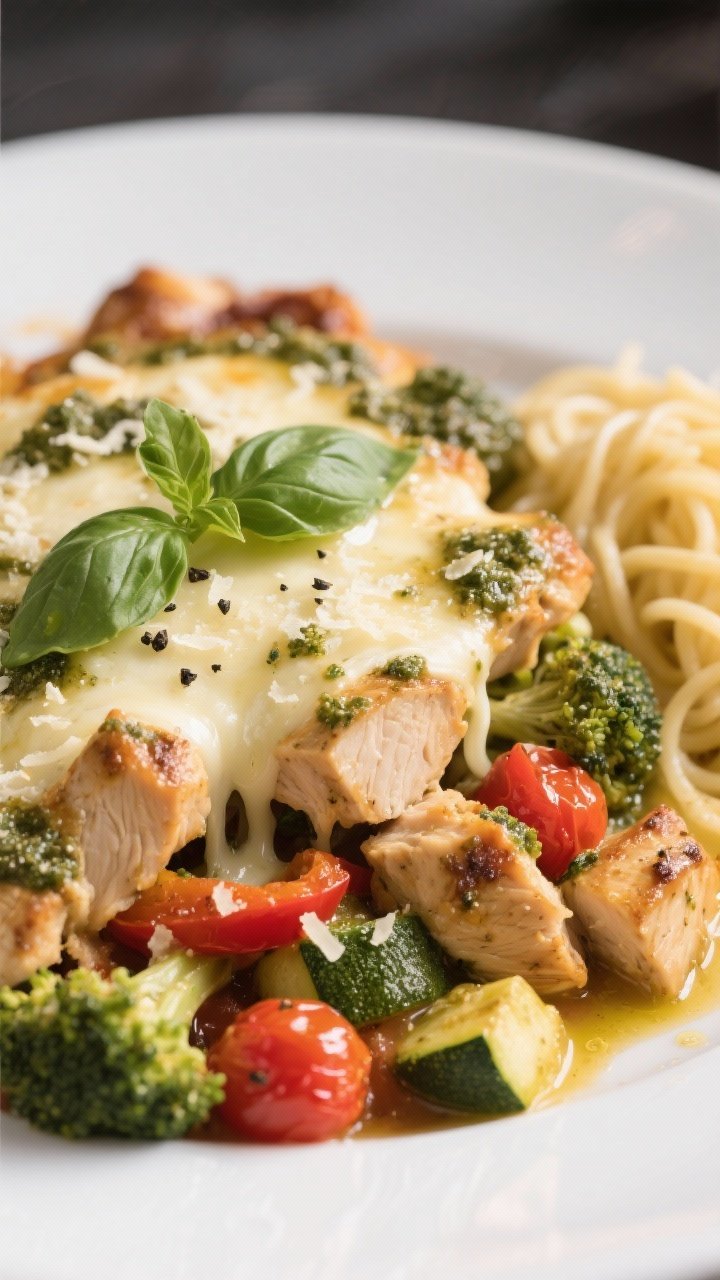 Final plated, close-up detail: Close-up of a served portion of Pesto Chicken & Veggie Casserole on a