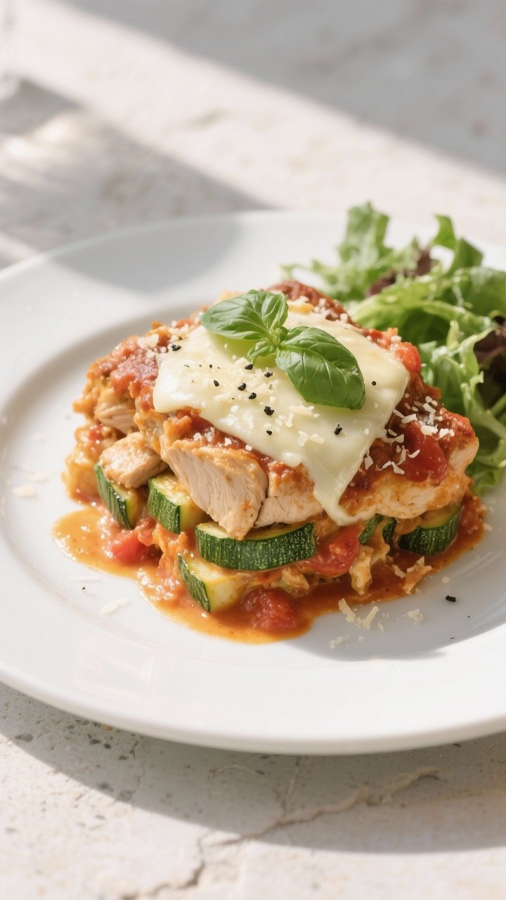 Final plated dish, top-down: Restaurant-quality plating of a generous scoop of Zucchini Chicken Cass