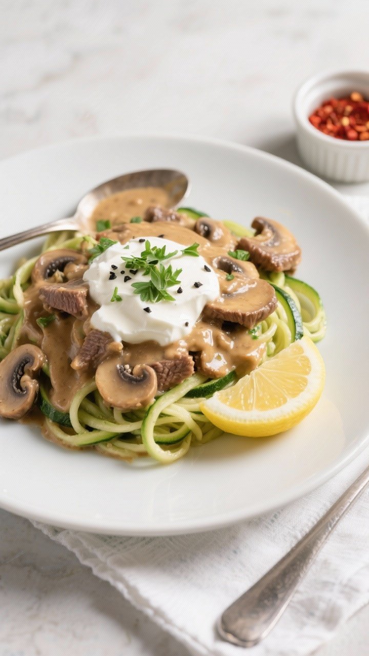 Final plated overhead: Creamy low carb beef stroganoff spooned over a nest of zucchini noodles on a 