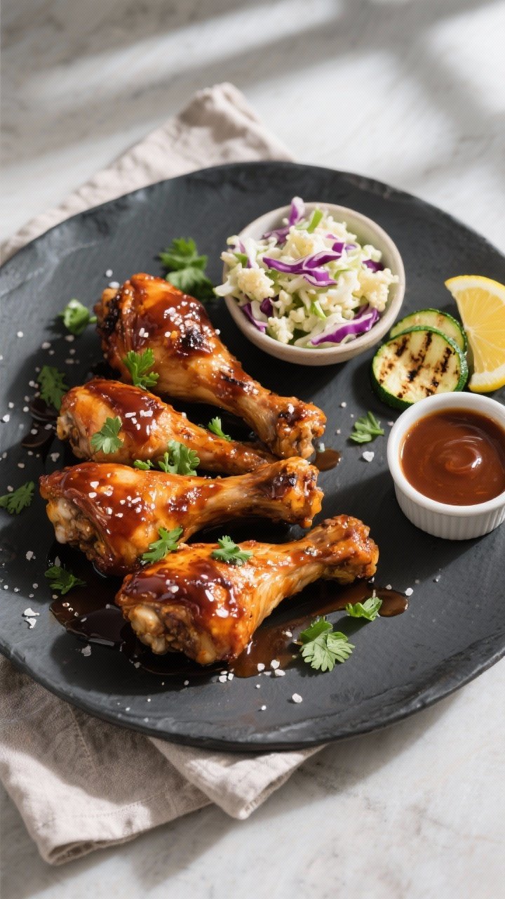 Final plated, overhead: Overhead shot of beautifully plated Keto BBQ Chicken Drumsticks on a matte c