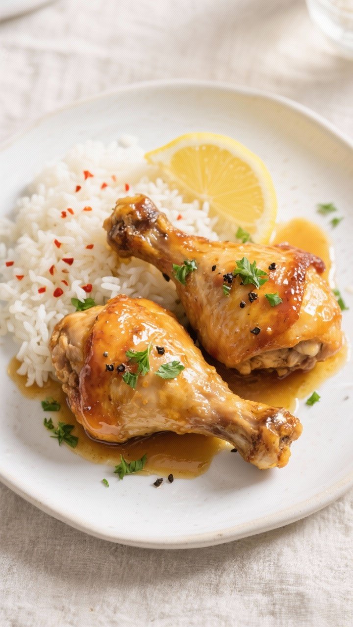 Final plated overhead: Overhead shot of two bone-in, skin-on Honey Mustard Chicken Thighs on a matte