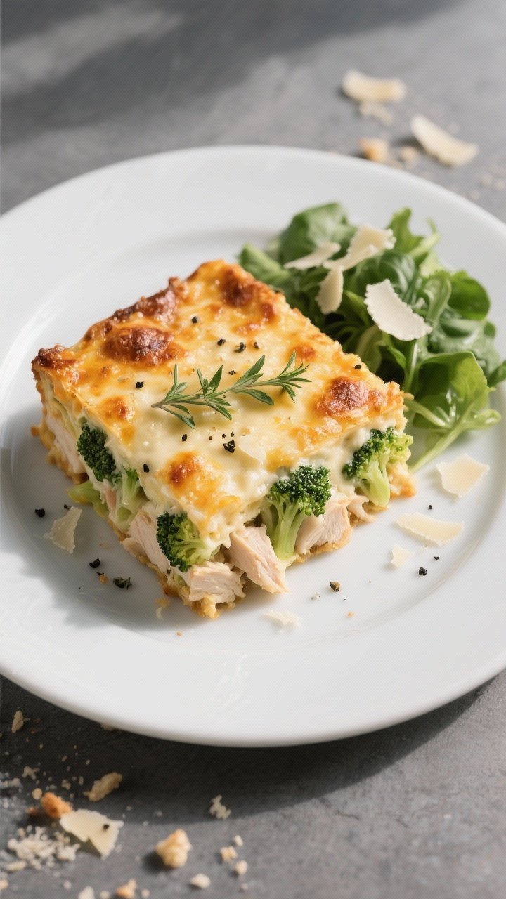 Final plated overhead shot: Tidy top-down composition of a generous square of Cheesy Chicken and Bro