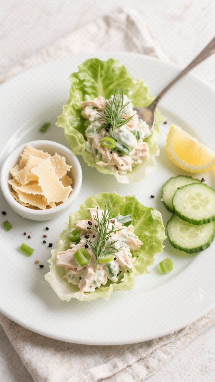 Final plated overhead: Tasty of the Ranch Cucumber Crunch Low Carb Chicken Salad spooned generously 