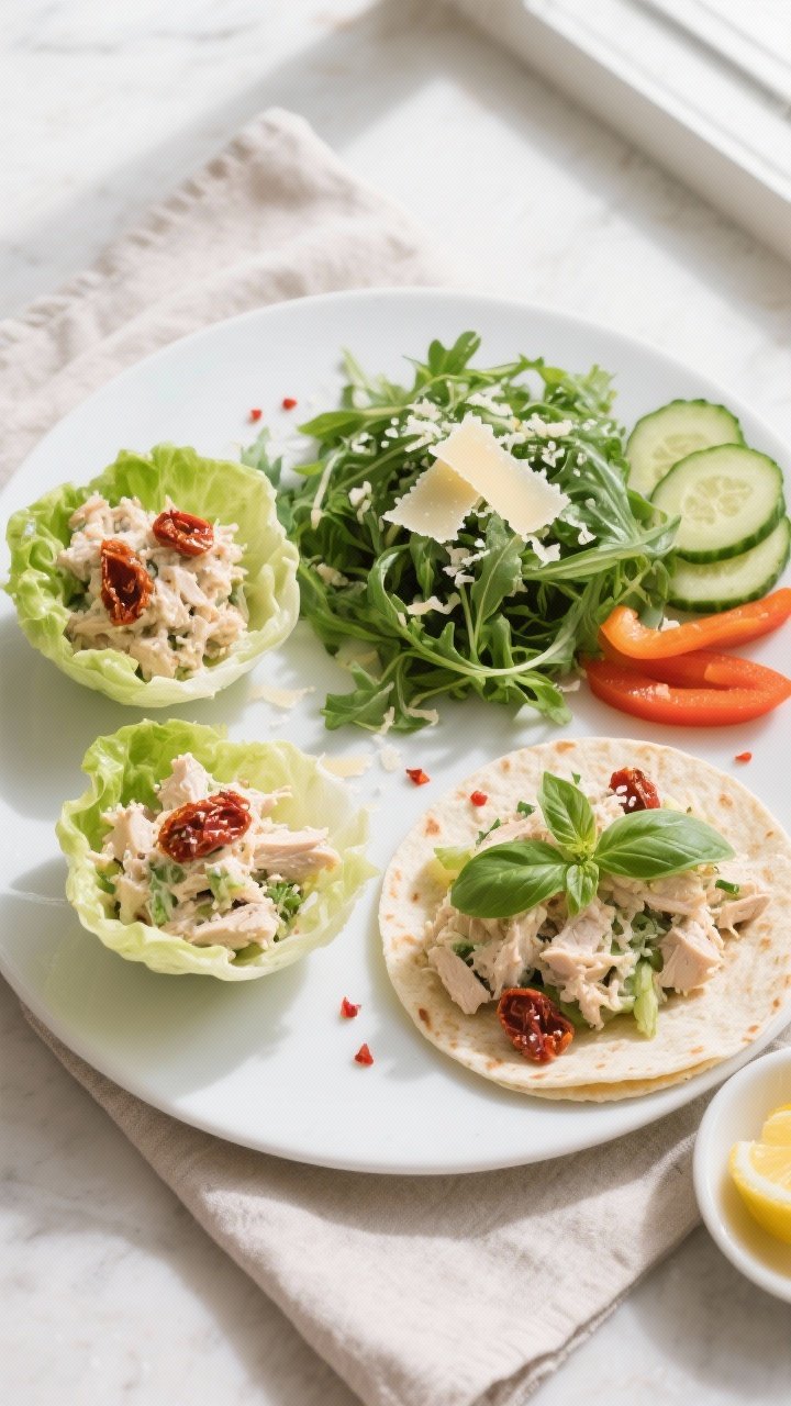 Final plated overhead: Tasty top-down shot of Marry Me Low Carb Chicken Salad served three ways for 