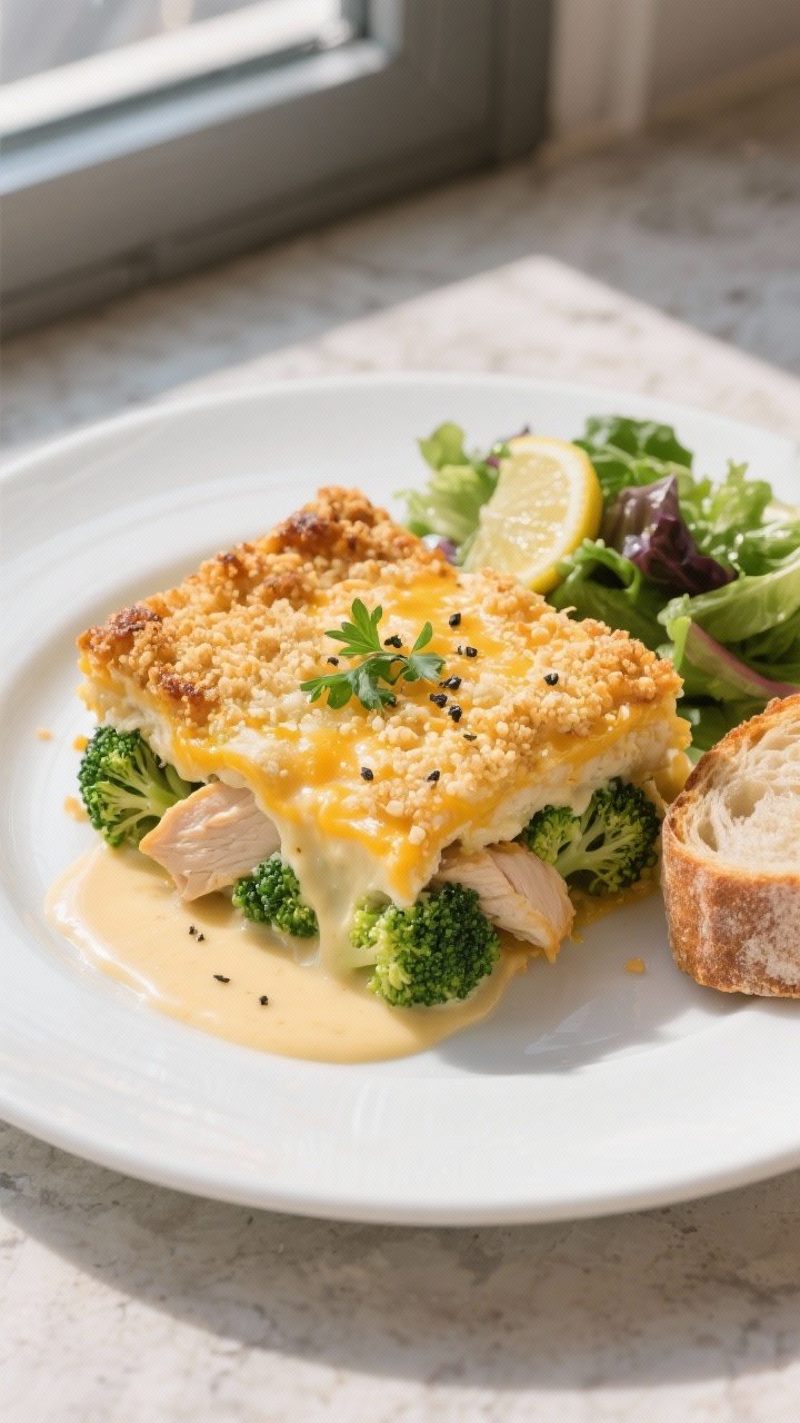 Final plated, tasty top view: Overhead shot of a neatly served square of Chicken Broccoli Cheese Bak