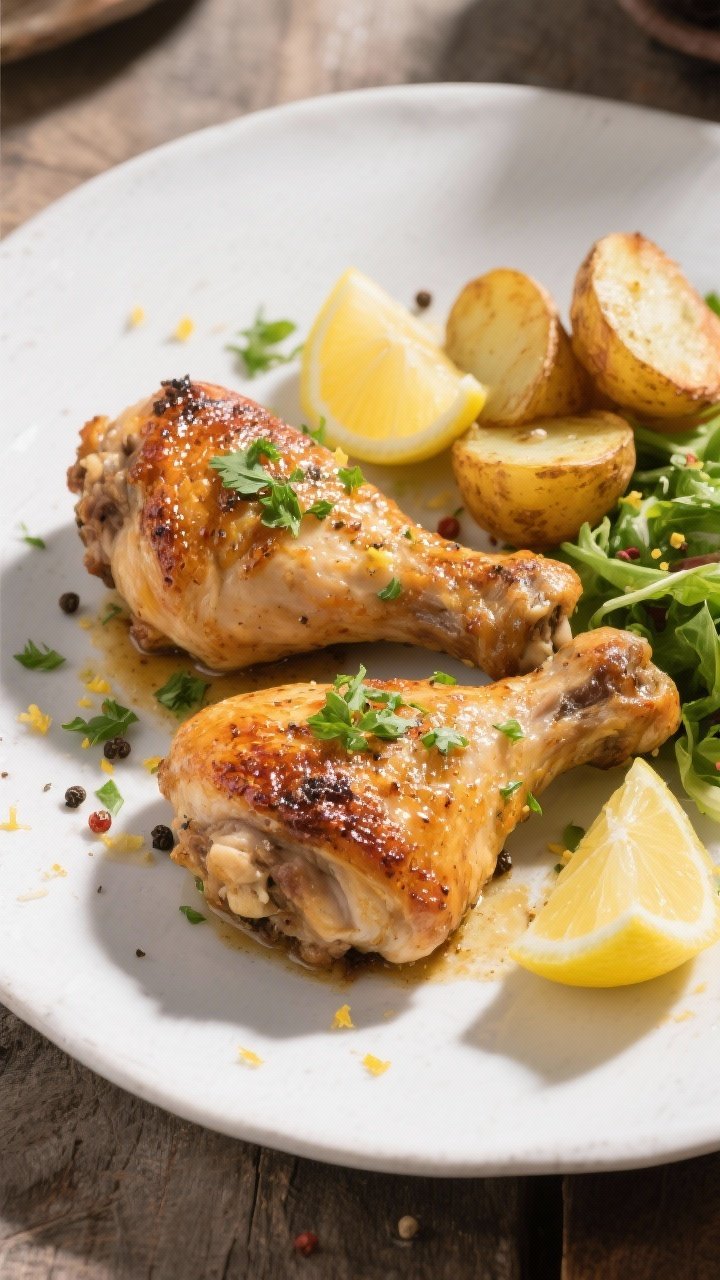 Final plated, tasty top view: Overhead shot of beautifully plated Lemon Pepper Chicken Thighs on a m