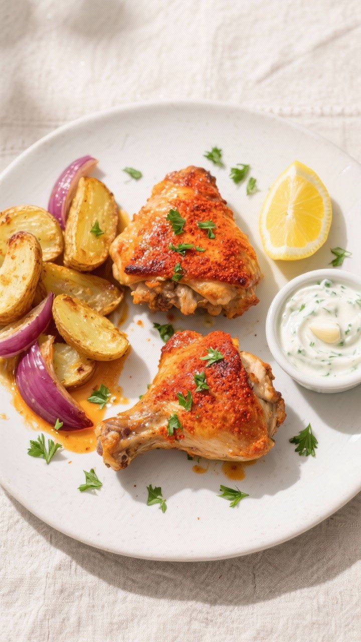 Final plated, tasty top view: Overhead shot of beautifully plated baked paprika chicken thighs (two 