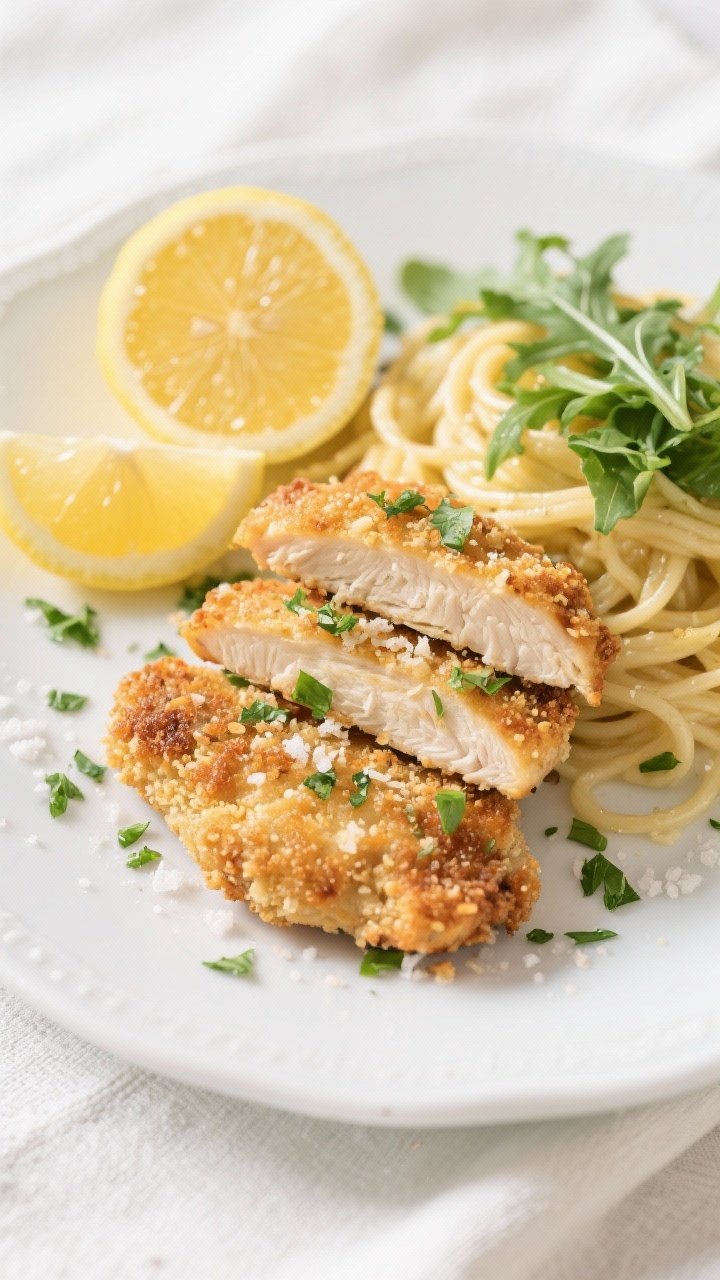 Final plated, tasty top view: Overhead shot of crispy Parmesan chicken cutlets stacked slightly offs