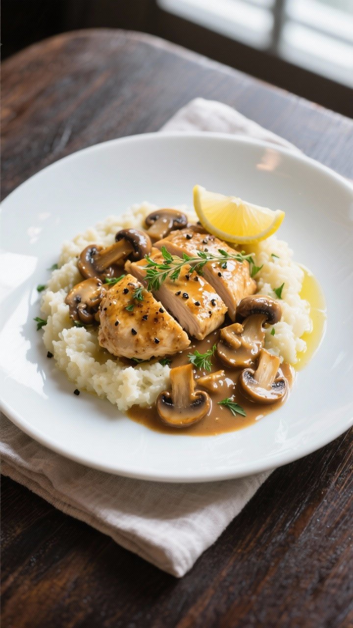 Final plated, tasty top view: Overhead shot of Keto Chicken Marsala plated with creamy cauliflower m