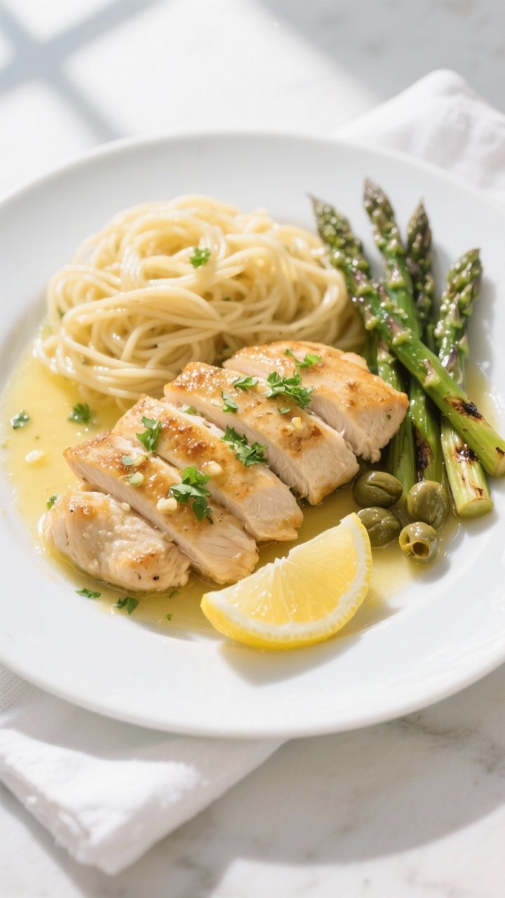 Final plated, tasty top view: Overhead shot of Lemon Garlic Chicken Cutlets neatly layered on a whit