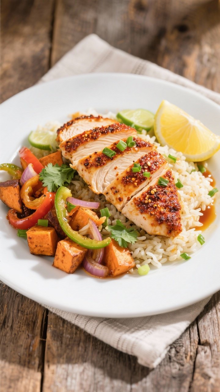 Final plated, tasty top view: Overhead shot of sliced Cajun Chicken Breast fanned over cilantro-lime