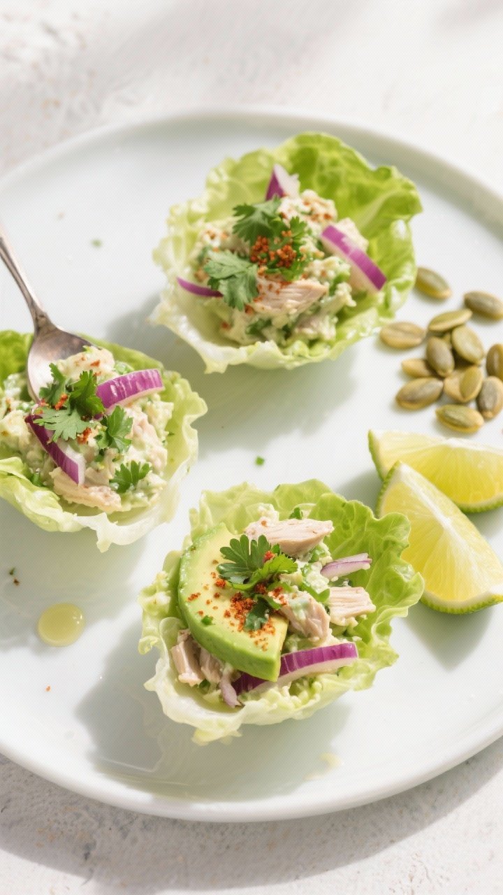 Overhead final presentation: avocado lime low carb chicken salad spooned into crisp butter lettuce c