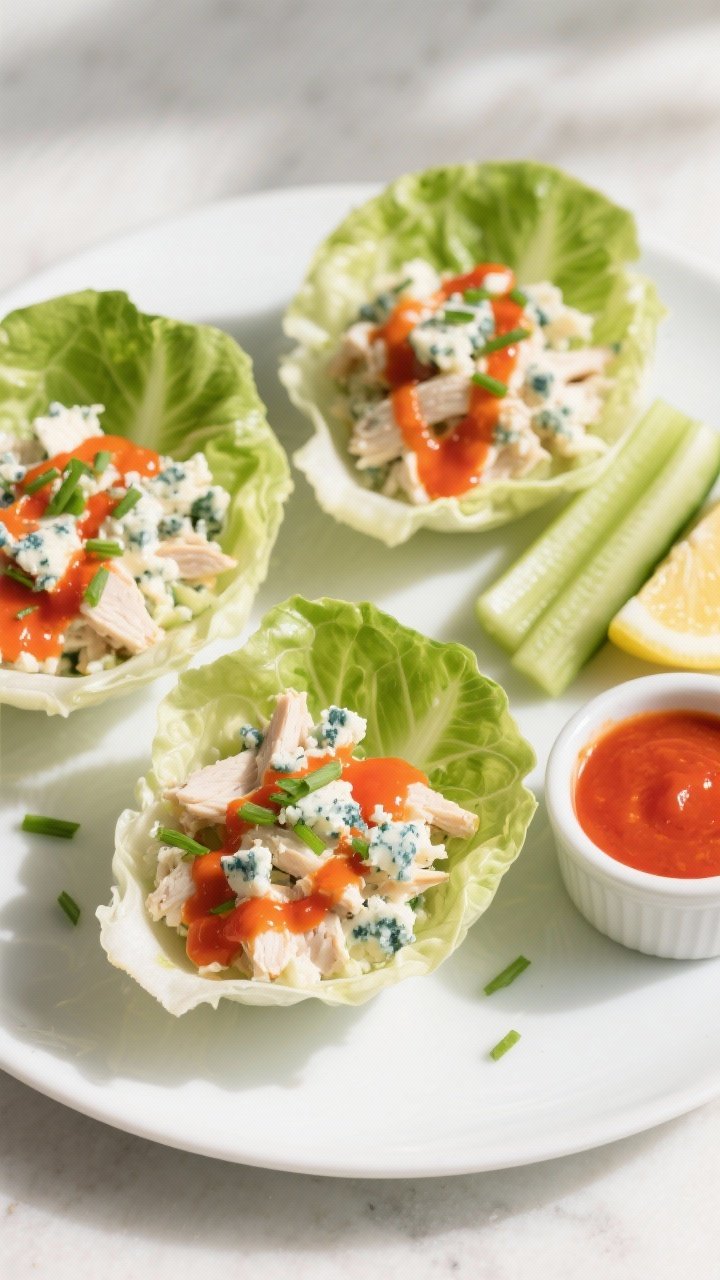 Overhead final presentation of buffalo blue cheese low-carb chicken salad tucked into crisp butter l