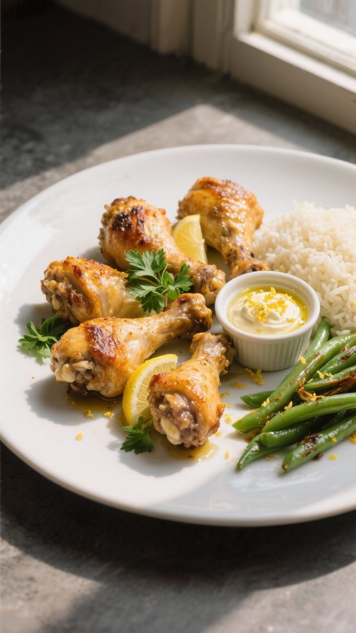 Overhead final presentation of Garlic Butter Chicken Drumsticks arranged on a matte white platter, g