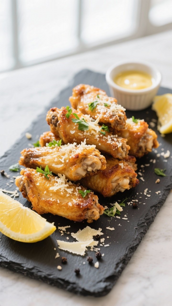 Overhead final presentation of Garlic Parmesan Chicken Wings arranged on a dark slate platter for co