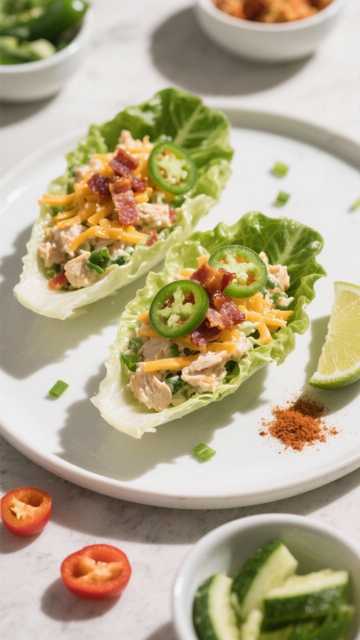 Overhead final presentation of jalapeño popper chicken salad served in crisp romaine boats on a mat