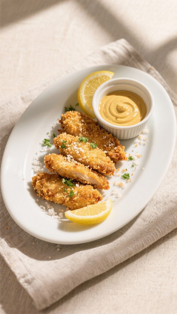 Overhead final presentation of Parmesan crusted chicken tenders arranged on a matte white oval platt