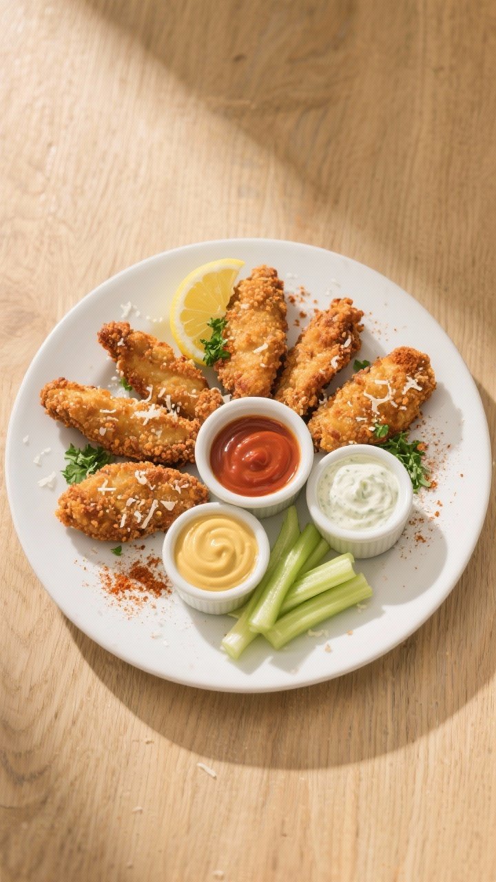 Overhead final presentation of plated crispy keto chicken tenders on a matte white plate, arranged i
