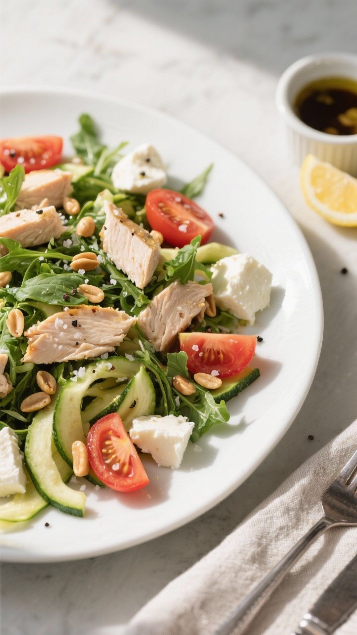 Overhead final presentation of the Caprese Low Carb Chicken Salad arranged on a low, wide white plat