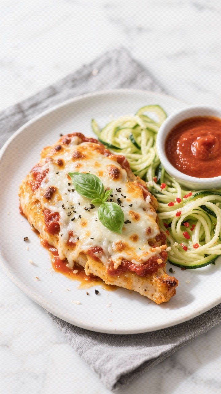 Overhead final presentation: Plated serving of low carb chicken parmesan bake on a white ceramic pla