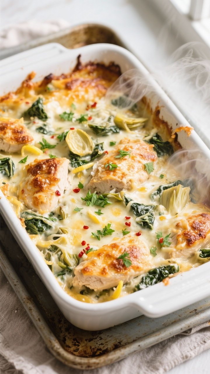 Overhead shot of a bubbling Spinach Artichoke Chicken Bake just pulled from the oven in a 9x13 white
