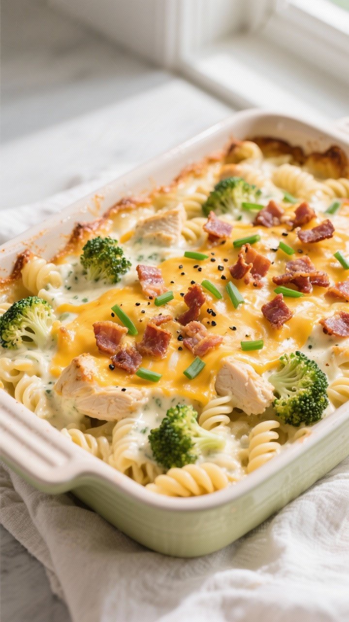 Overhead shot of a freshly baked Chicken Bacon Ranch Casserole in a 9x13 ceramic baking dish just ou