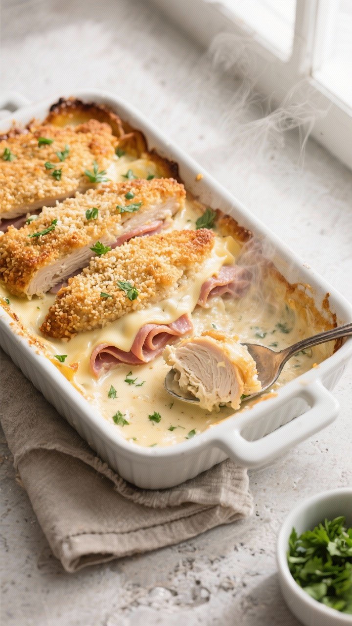Overhead shot of a freshly baked Chicken Cordon Bleu Casserole just out of the oven, bubbling creamy